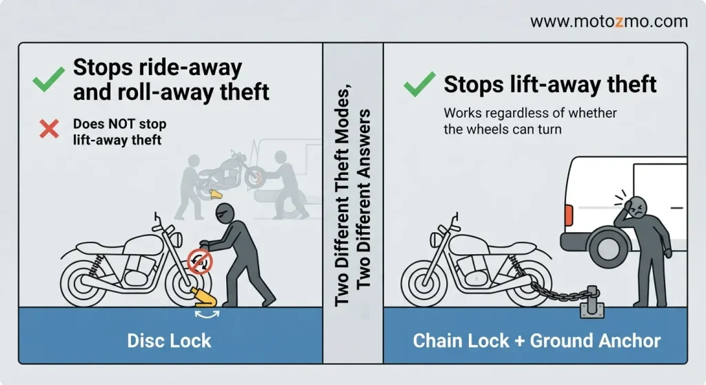Disc lock stops ride-away theft; chain lock stops lift-away theft diagram