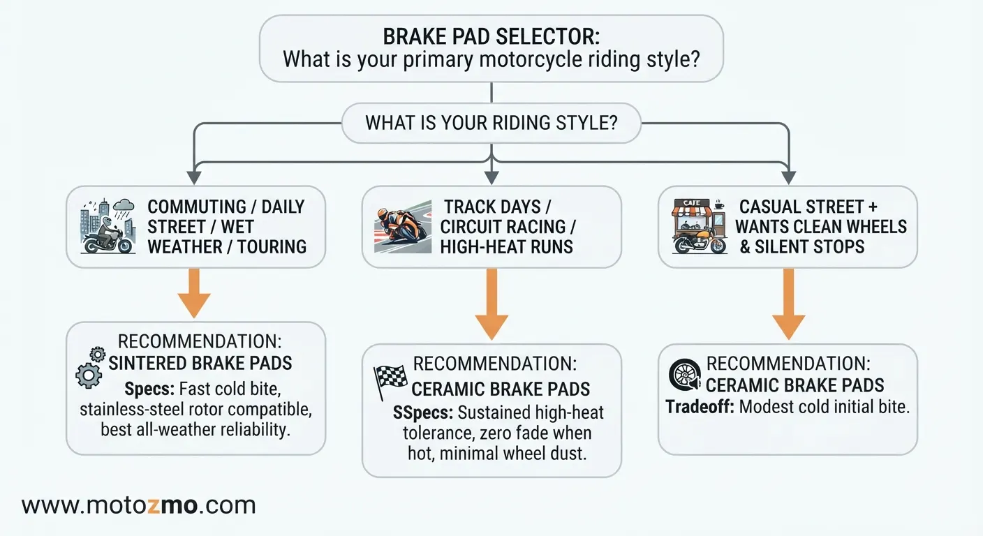 Ceramic vs Sintered Motorcycle Brake Pads: The Real Difference 3 Decision guide flowchart choosing between sintered and ceramic motorcycle brake pads based on riding conditions