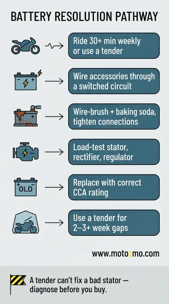 Motorcycle Battery Keeps Dying? 6 Real Causes, Fixed 4 Motorcycle battery cause and fix chart: drain, corrosion, charging system fixes