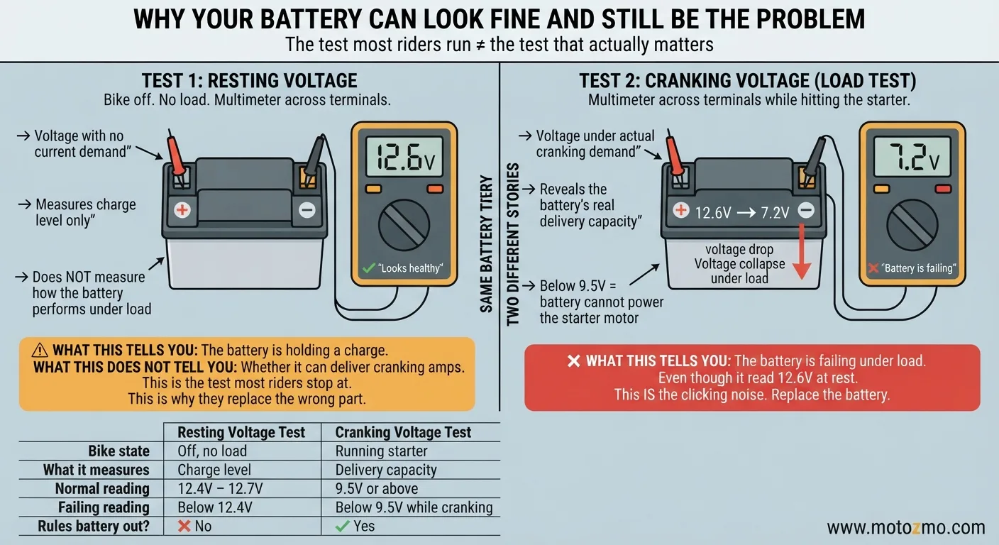 Motorcycle Won't Start But Clicking? Here's Why 2 Motorcycle battery resting voltage 12.6V vs. cranking voltage 7.2V comparison showing load test failure