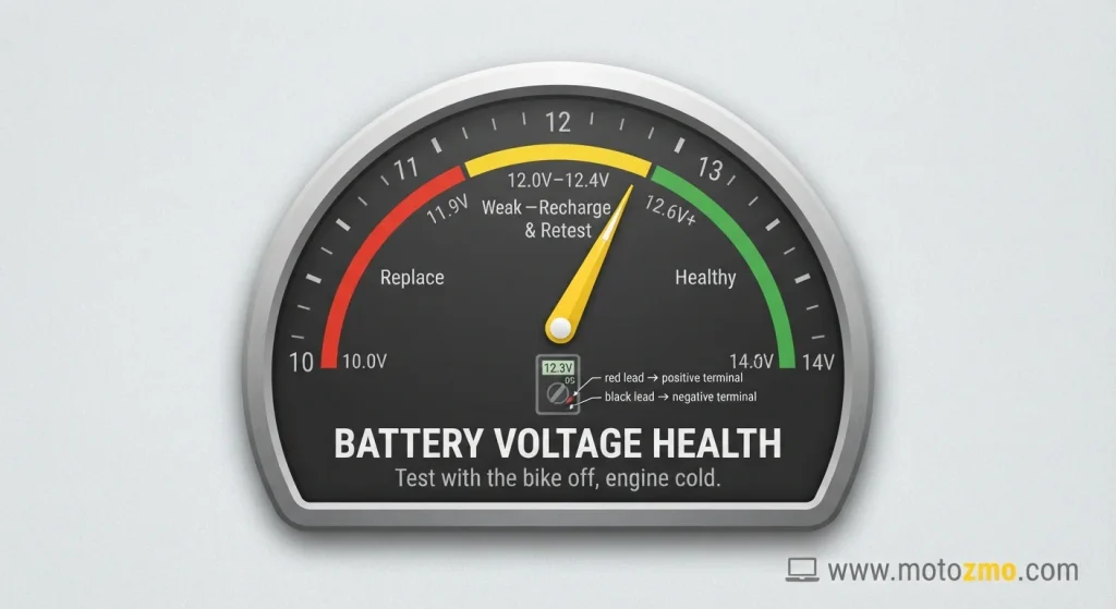 Motorcycle Battery Keeps Dying? 6 Real Causes, Fixed 2 Motorcycle battery voltage chart: 12.6V healthy, 12.0-12.4V weak, 11.9V replace