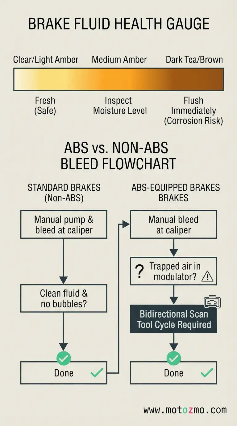 Motorcycle Brake Maintenance: Pads, Fluid & Bleeding 3 Brake fluid color comparison chart from fresh amber to dark brown, paired with an ABS brake bleeding decision flowchart