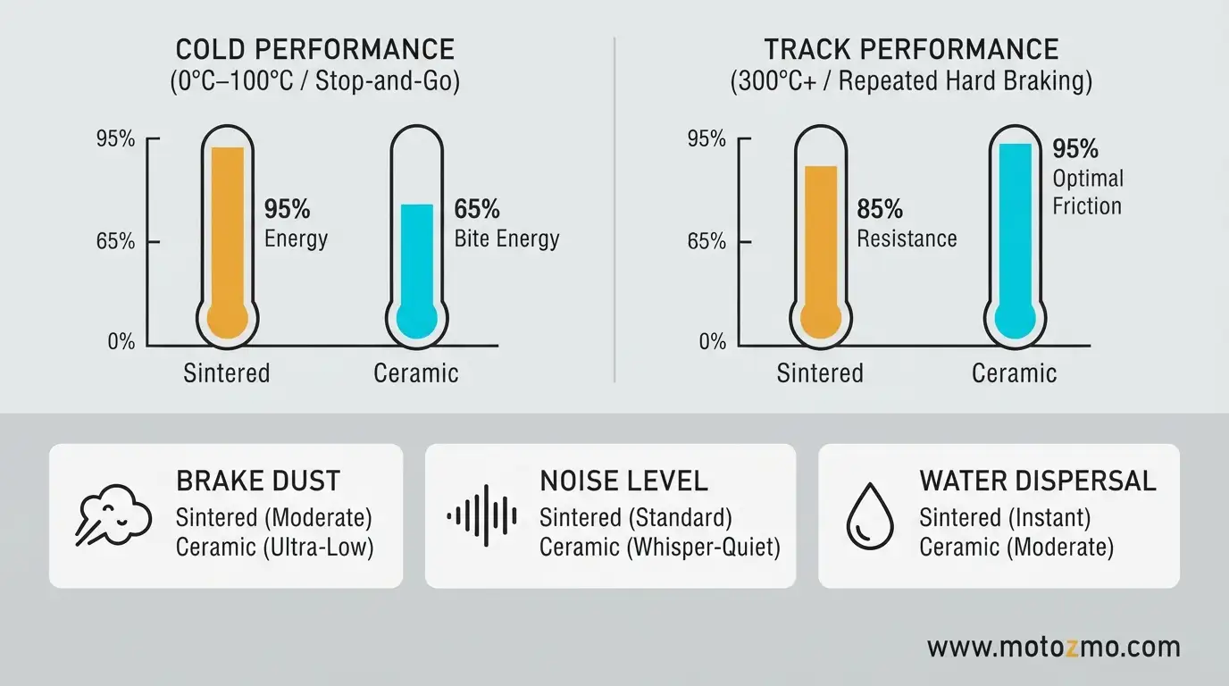 Ceramic vs Sintered Motorcycle Brake Pads: The Real Difference 2 Performance chart comparing cold bite, heat fade, dust, and noise levels of sintered and ceramic motorcycle brake pads