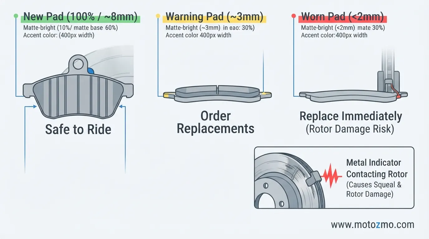 Motorcycle Brake Maintenance: Pads, Fluid & Bleeding 2 Diagram showing motorcycle brake pad wear levels from new to under 2mm thickness requiring immediate replacement