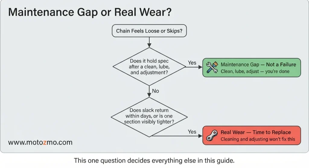 Motorcycle Chain Skipping or Slack? Causes & When to Replace 2 Decision tree: motorcycle chain maintenance gap vs real wear needing replacement