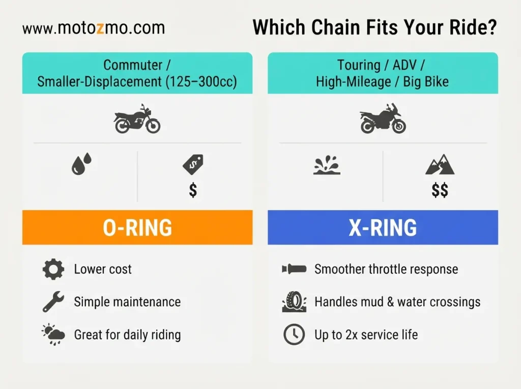 O-Ring vs X-Ring Motorcycle Chain: Which One Lasts Longer? 3 Decision chart: O-ring vs X-ring motorcycle chain recommendation by bike type and riding