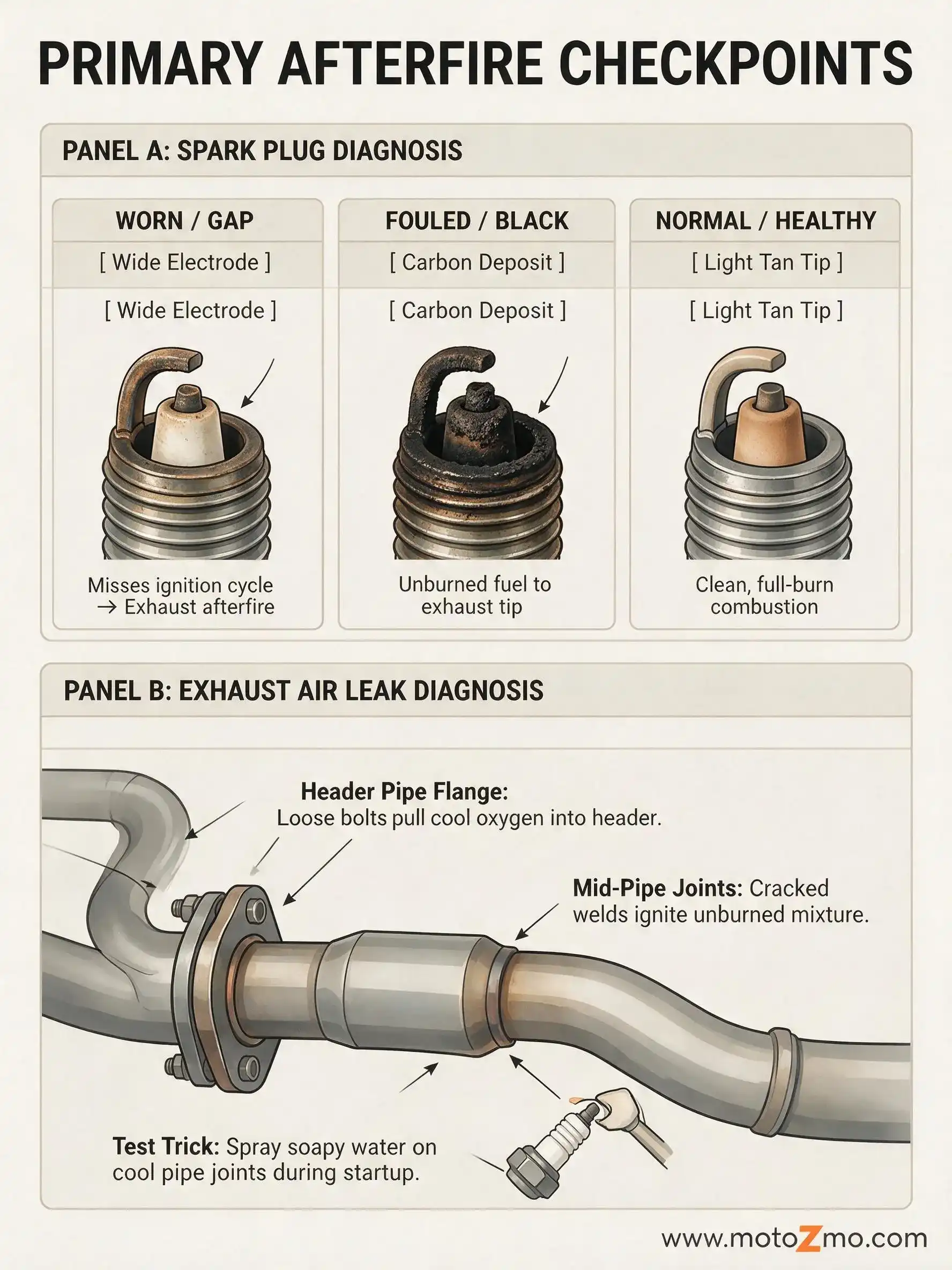 Motorcycle Backfiring: Causes and When It's Serious 3 Technical diagram showing spark plug fouling symptoms and exhaust air leak locations causing motorcycle backfire.