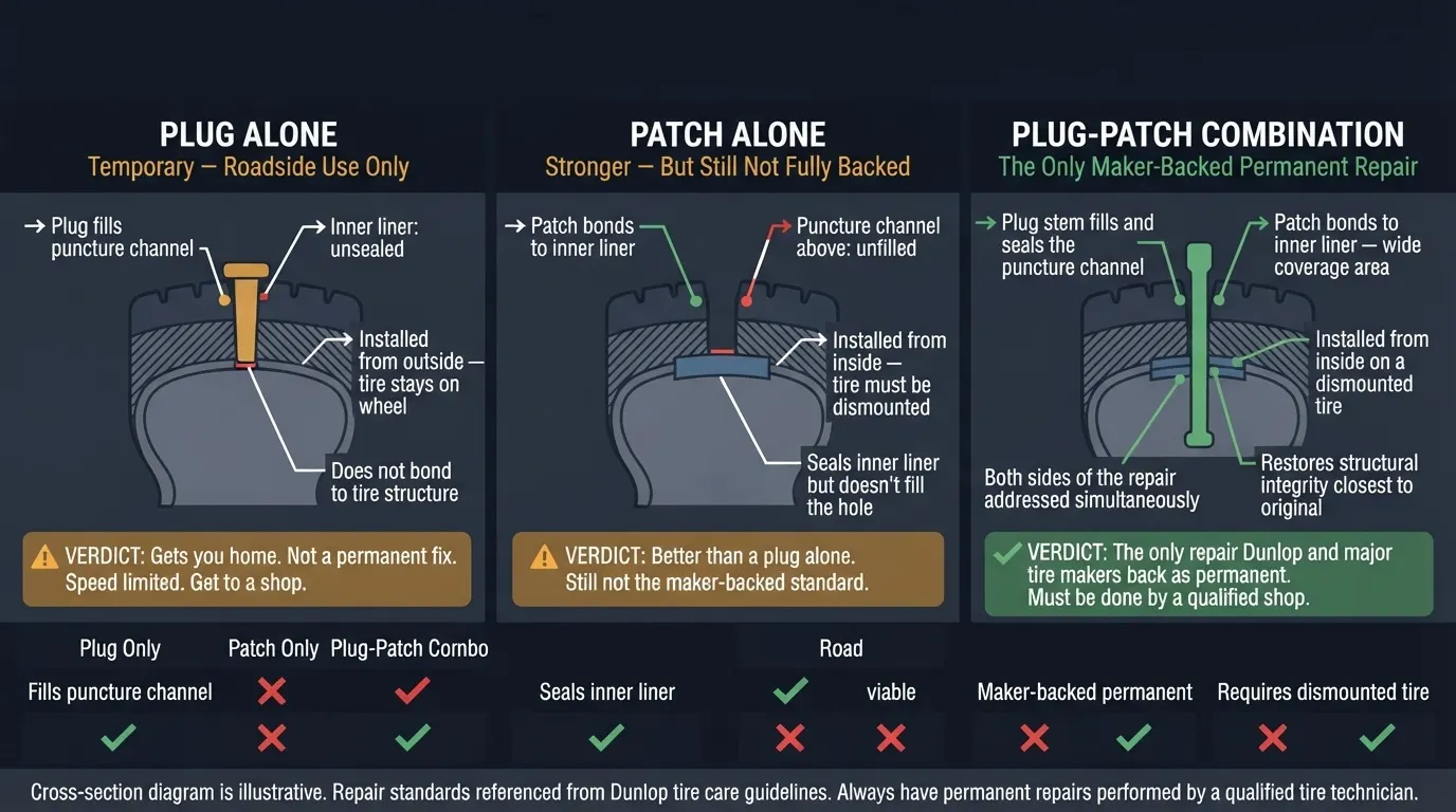 Plug Kit vs Patch Kit for Motorcycle Tires: Which Do You Need? 3 Cross-section diagram comparing motorcycle tire plug only, patch only, and plug-patch combo repair methods