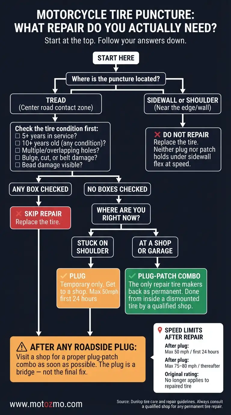 Plug Kit vs Patch Kit for Motorcycle Tires: Which Do You Need? 2 Motorcycle tire repair decision flowchart: plug vs. patch vs. replace based on puncture location and tire condition