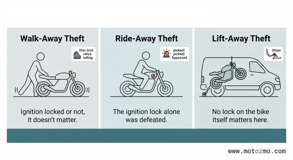 Motorcycle Theft Prevention: What Actually Works 2 Three motorcycle theft methods: walk-away, ride-away, and lift-away
