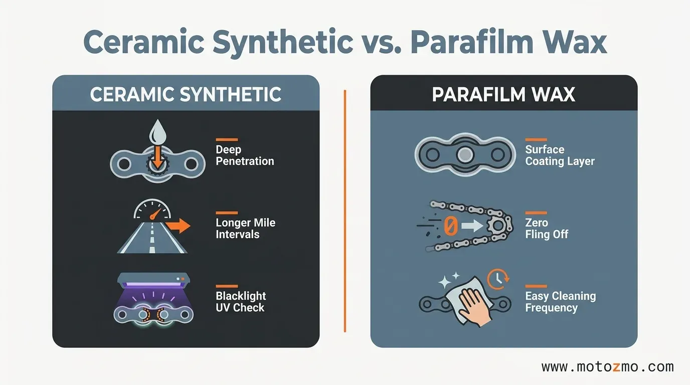 Infographic comparing ceramic synthetic and wax motorcycle chain lubes on penetration, fling resistance, and wear