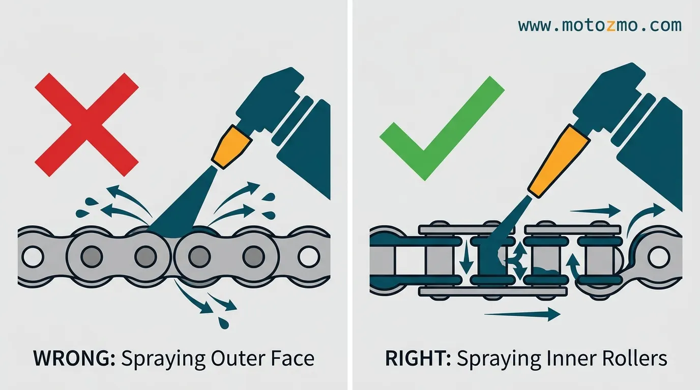 My Chain Lube Kept Flinging onto the Rim and Exhaust — What Stopped It 2 Technical diagram illustrating incorrect outer plate spraying versus correct inner roller spray placement