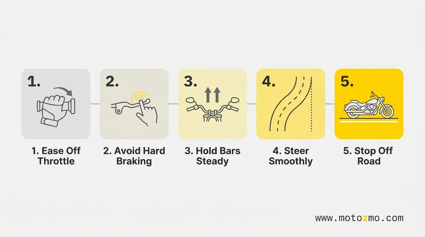 Flat Motorcycle Tire on the Road: What to Do Next 2 5-step infographic showing how to safely stop a motorcycle when a tire goes flat