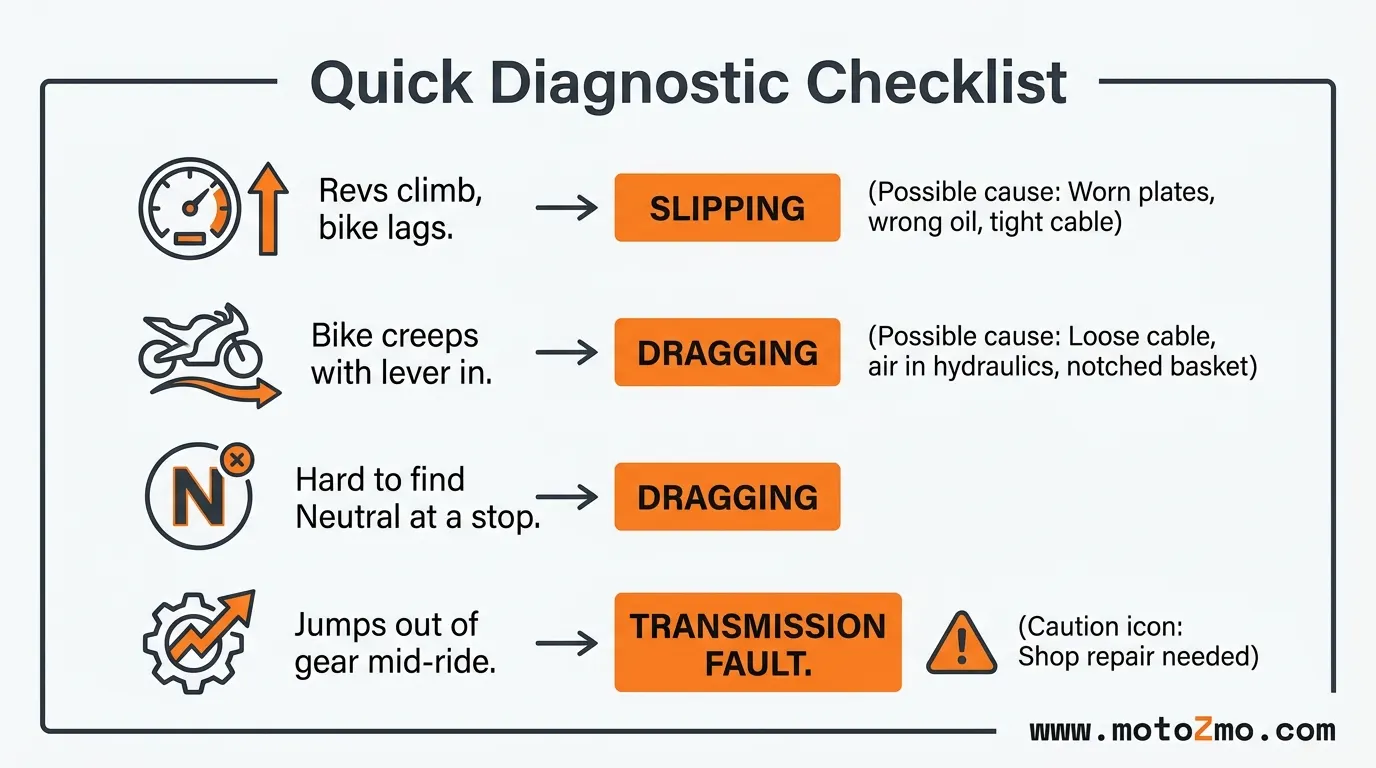 Why Your Motorcycle Clutch Slips, Drags, or Won't Shift 3 A diagnostic checklist illustration comparing symptoms of motorcycle clutch slipping, dragging, and transmission faults