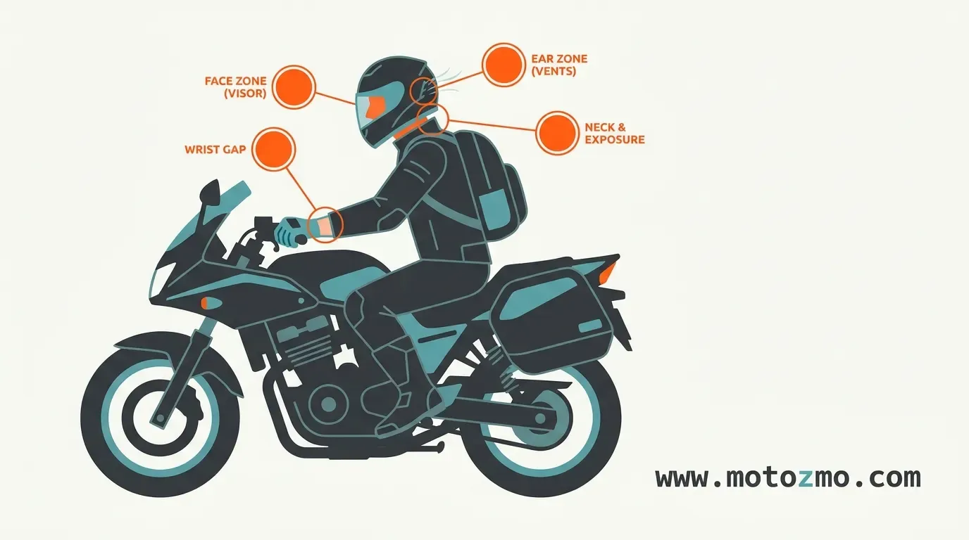 Best Sunscreen for Motorcycle Riding: Won't Sting or Sweat Off 13 Diagram showing vulnerable sun-exposure zones on a motorcycle rider in full protective gear.