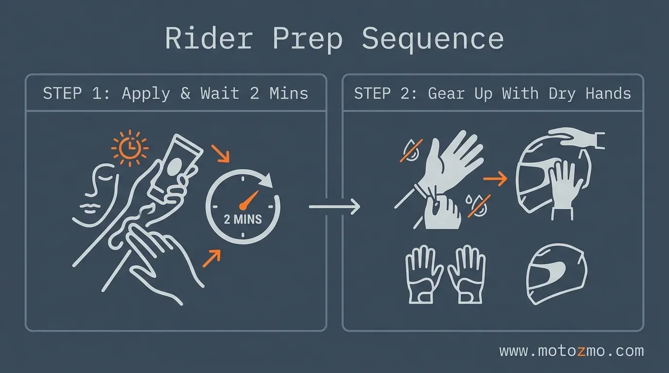 Best Sunscreen for Motorcycle Riding: Won't Sting or Sweat Off 7 Two-step vector diagram illustrating proper sunscreen application order before putting on motorcycle gloves