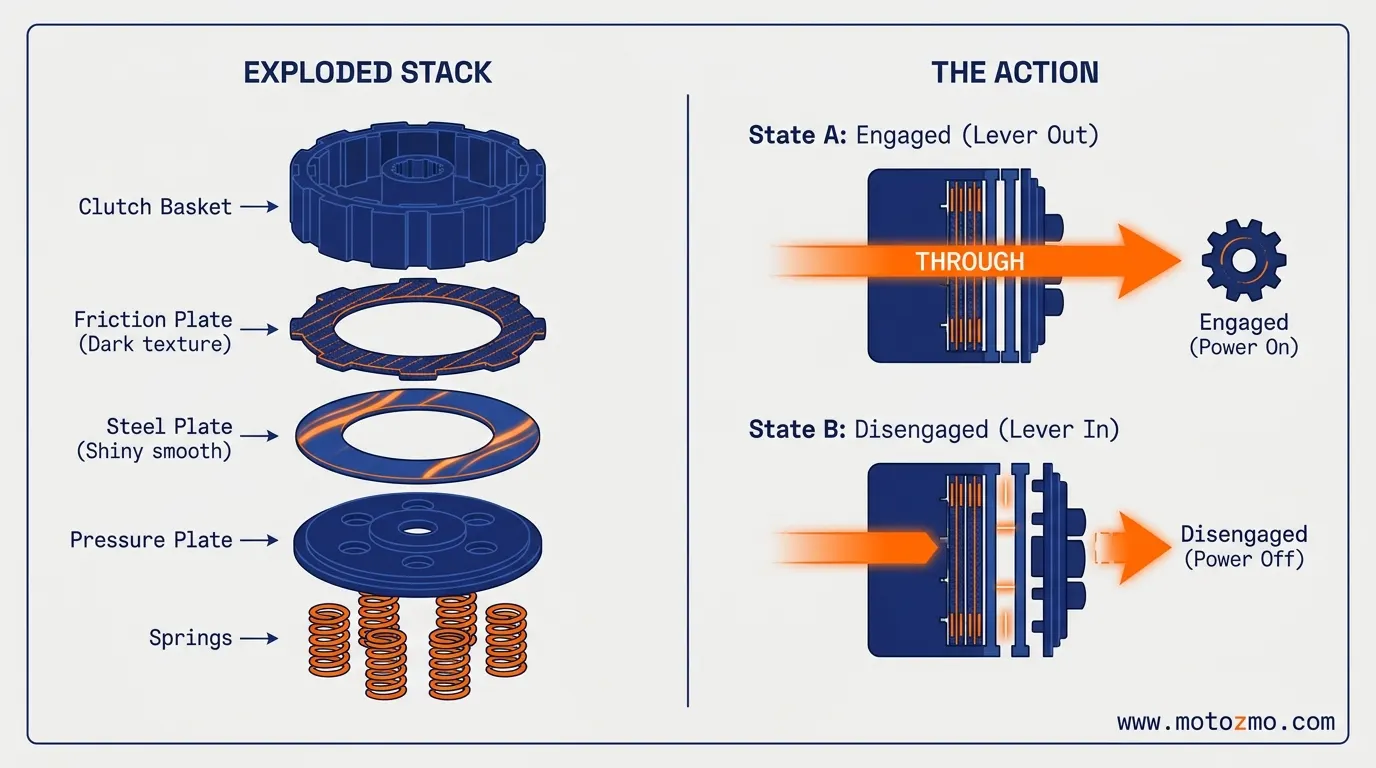 Why Your Motorcycle Clutch Slips, Drags, or Won't Shift 2 Cutaway illustration showing how friction and steel plates in a motorcycle wet clutch engage and disengage power