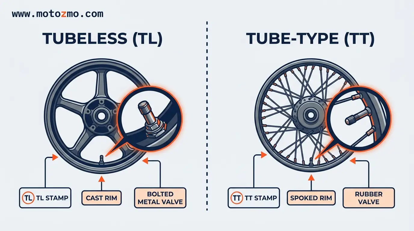 Flat Motorcycle Tire on the Road: What to Do Next 3 Visual comparison between tubeless and tube-type motorcycle tires, wheels, and valve stems