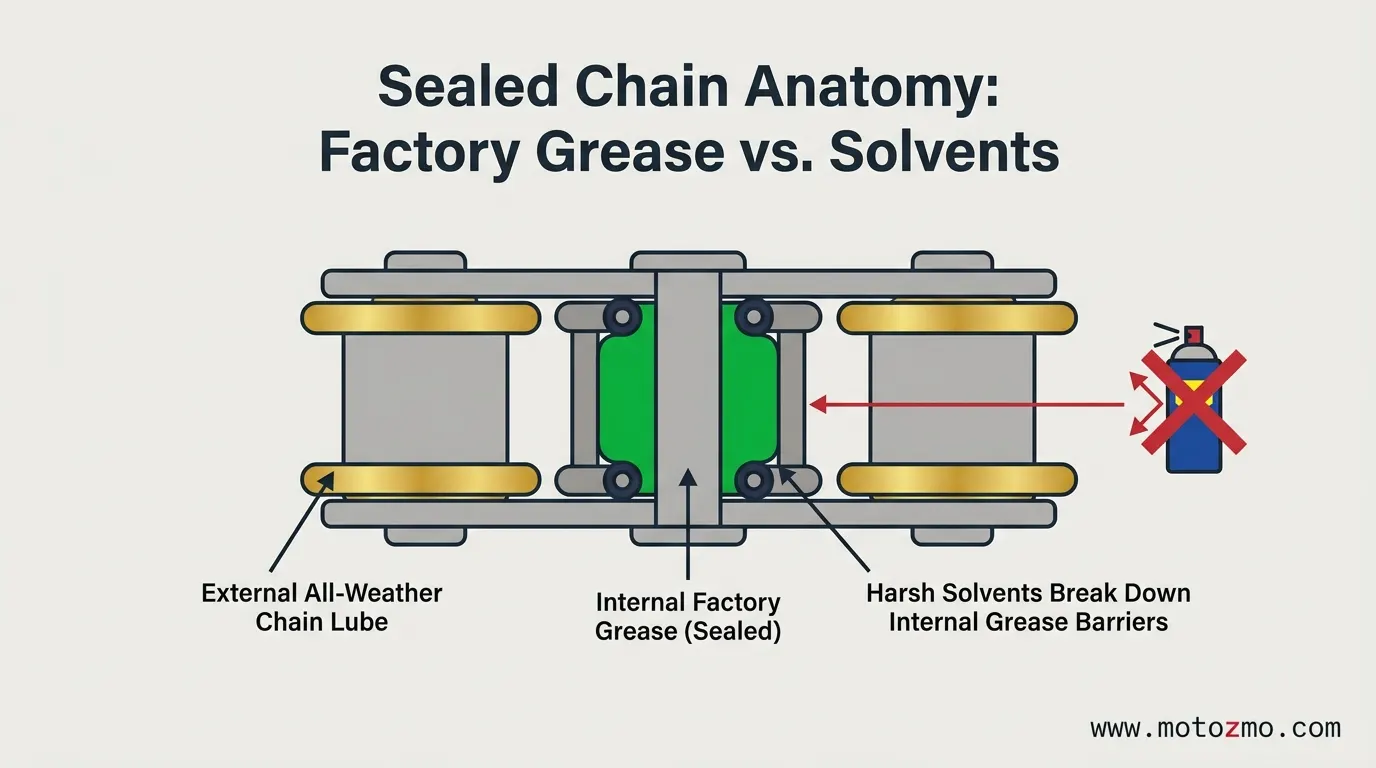 Cross-section diagram of an O-ring motorcycle chain showing internal factory grease protection versus solvent penetration
