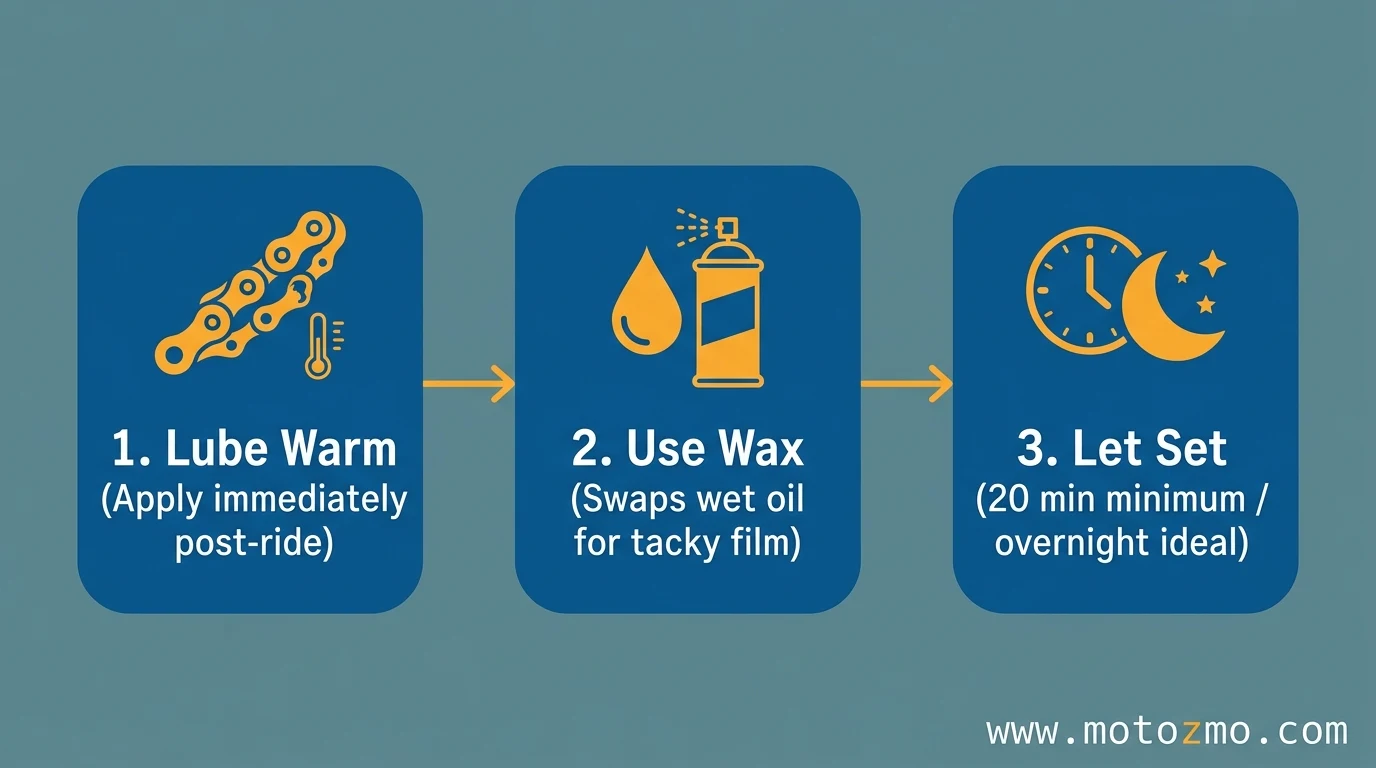 My Chain Lube Kept Flinging onto the Rim and Exhaust — What Stopped It 4 Three-step process graphic showing warm chain application, overnight curing, and wax-based lube choice