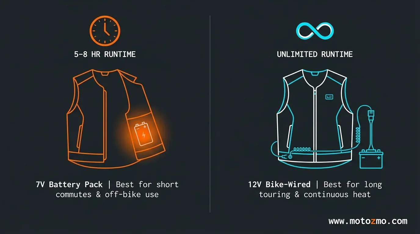 Comparison illustration of a 7V battery-powered vest versus a 12V motorcycle-wired heated vest setup