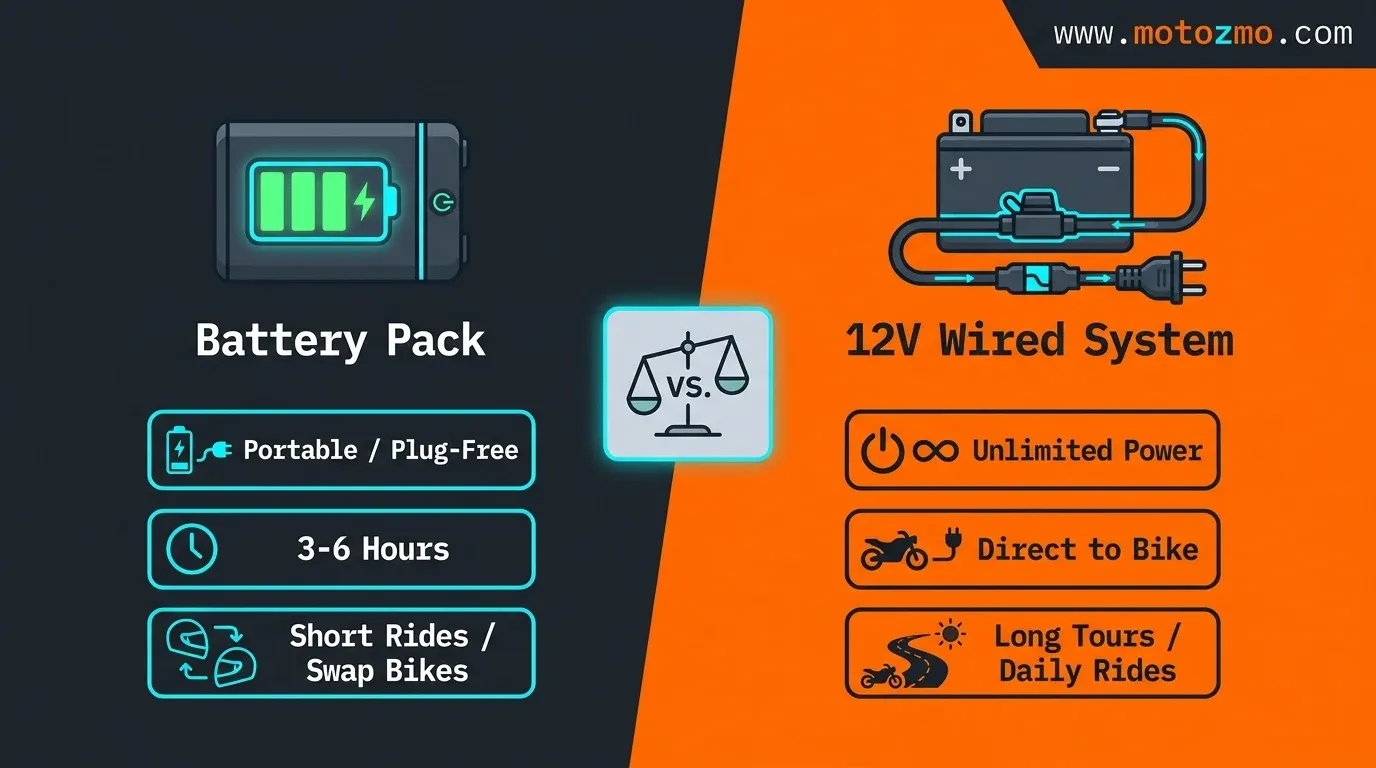 Comparison diagram between battery powered and wired 12V motorcycle heated gear power options