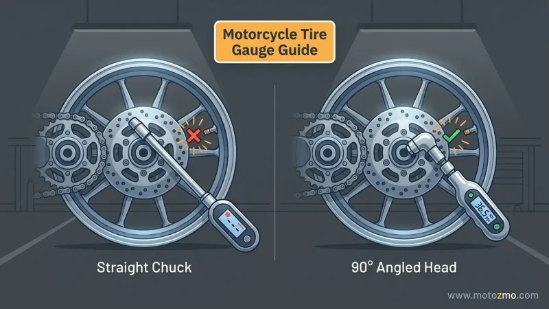 Home 32 Illustration comparing straight vs 90-degree motorcycle tire pressure gauge chucks fitting around a tight brake rotor