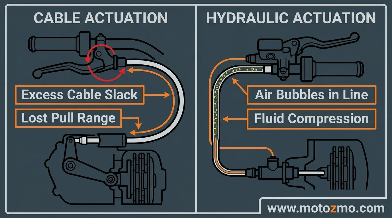 Motorcycle Clutch Dragging: Won't Disengage 2 Side-by-side illustration of cable slack and hydraulic air bubbles causing motorcycle clutch drag