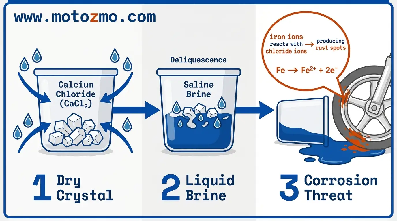 Technical diagram showing how calcium chloride absorbs air moisture and turns into a corrosive liquid brine