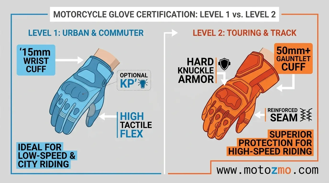 Side-by-side vector diagram comparing CE Level 1 short cuff gloves with CE Level 2 full gauntlet armor gloves