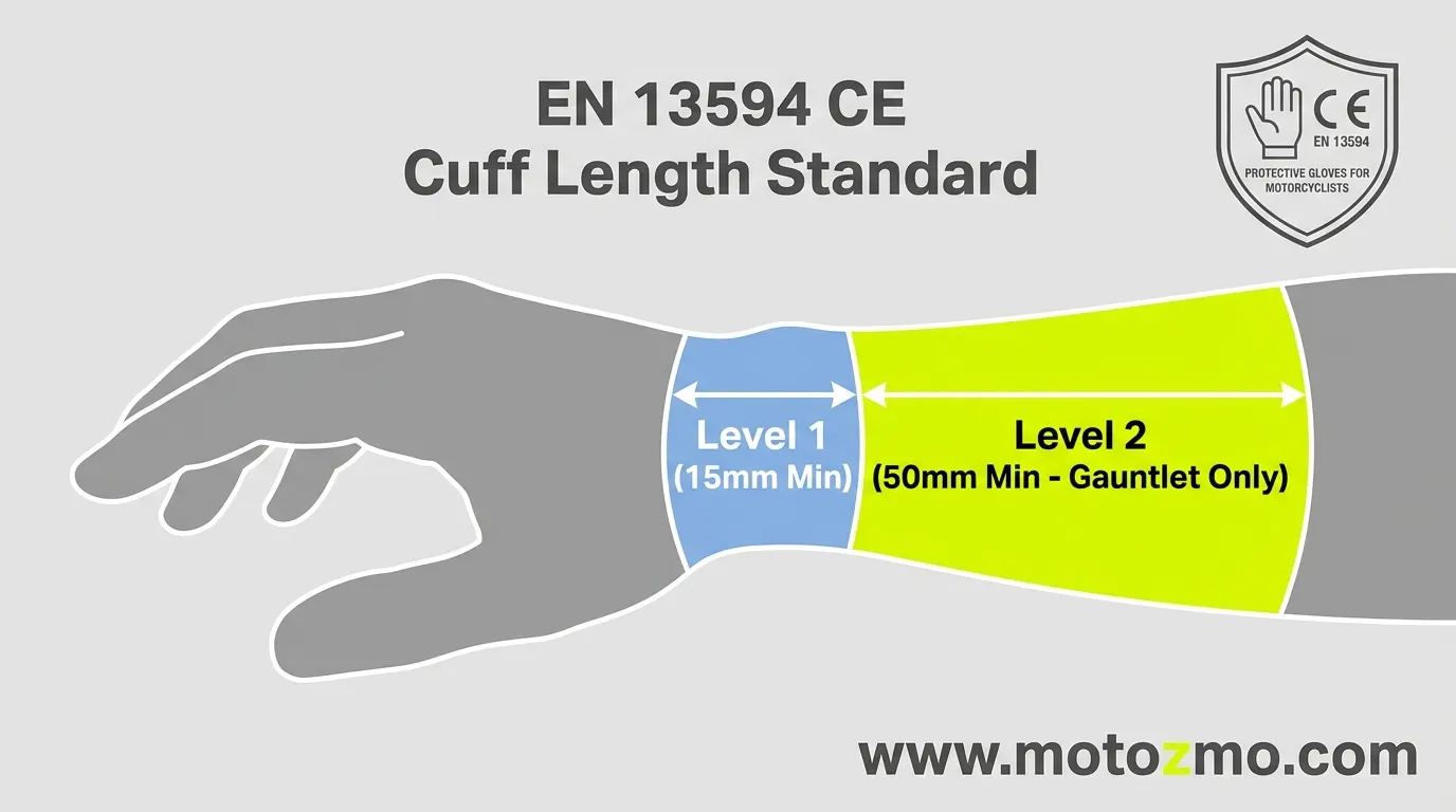 Diagram illustrating EN 13594 CE Level 1 and Level 2 motorcycle glove cuff length requirements on a hand outline