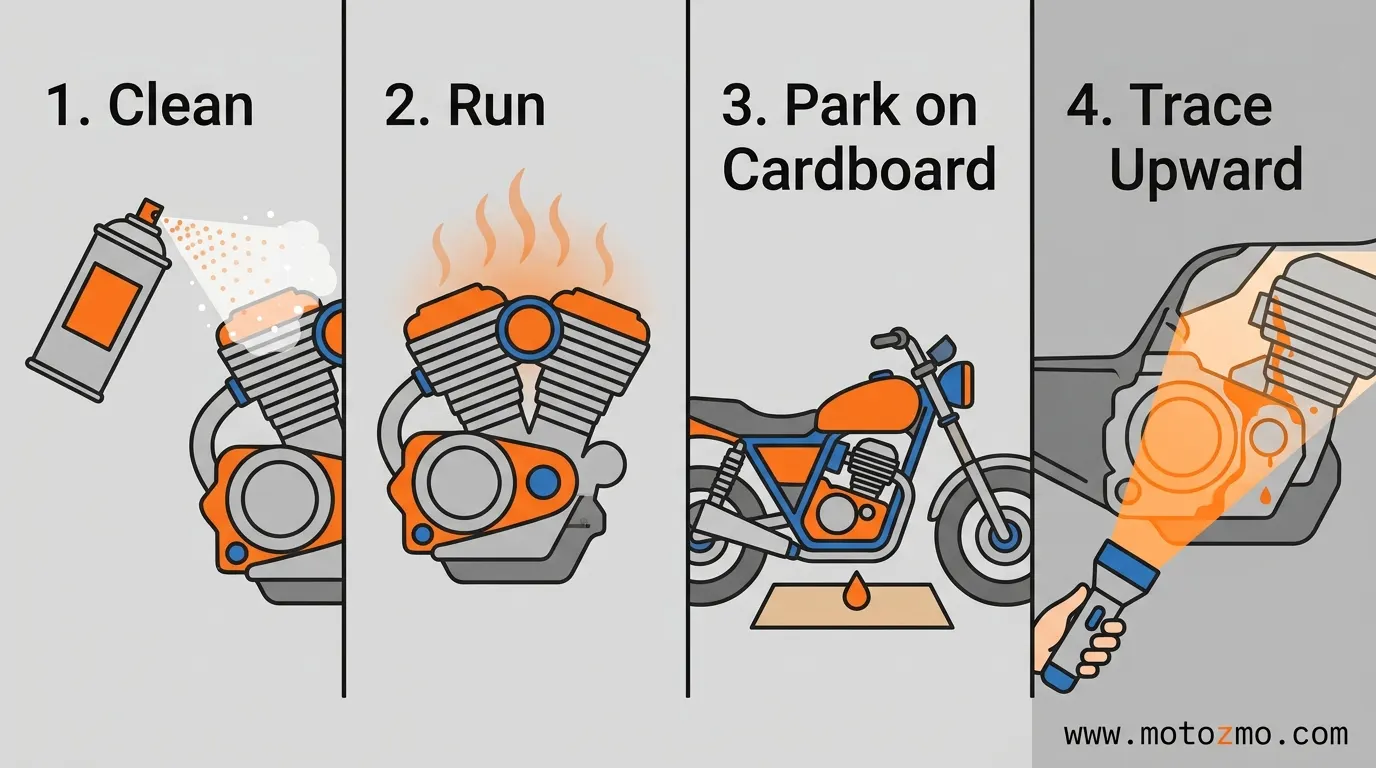Motorcycle Oil Leak Causes: Gasket, Drain Plug, or Seal? 2 4-step clean and trace method for motorcycle oil leaks: spray degreaser, run engine, park on cardboard, trace with flashlight
