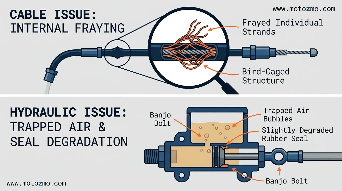 Diagram showing a frayed steel clutch cable next to a hydraulic line with air bubbles