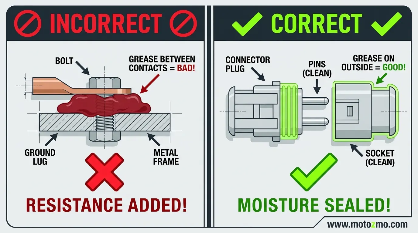 Motorcycle Electrical Problems: Wiring, Grounds & Connectors 4 Diagram showing how adding grease to a flat ground bolt creates resistance (WRONG), vs sealing a connector plug (RIGHT)