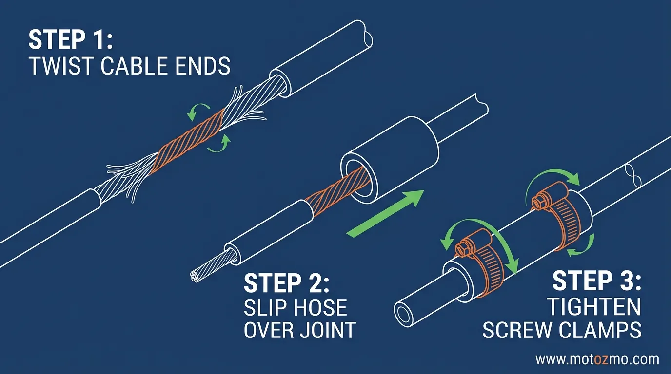 Illustration of a roadside motorcycle clutch cable repair using a rubber hose and clamps