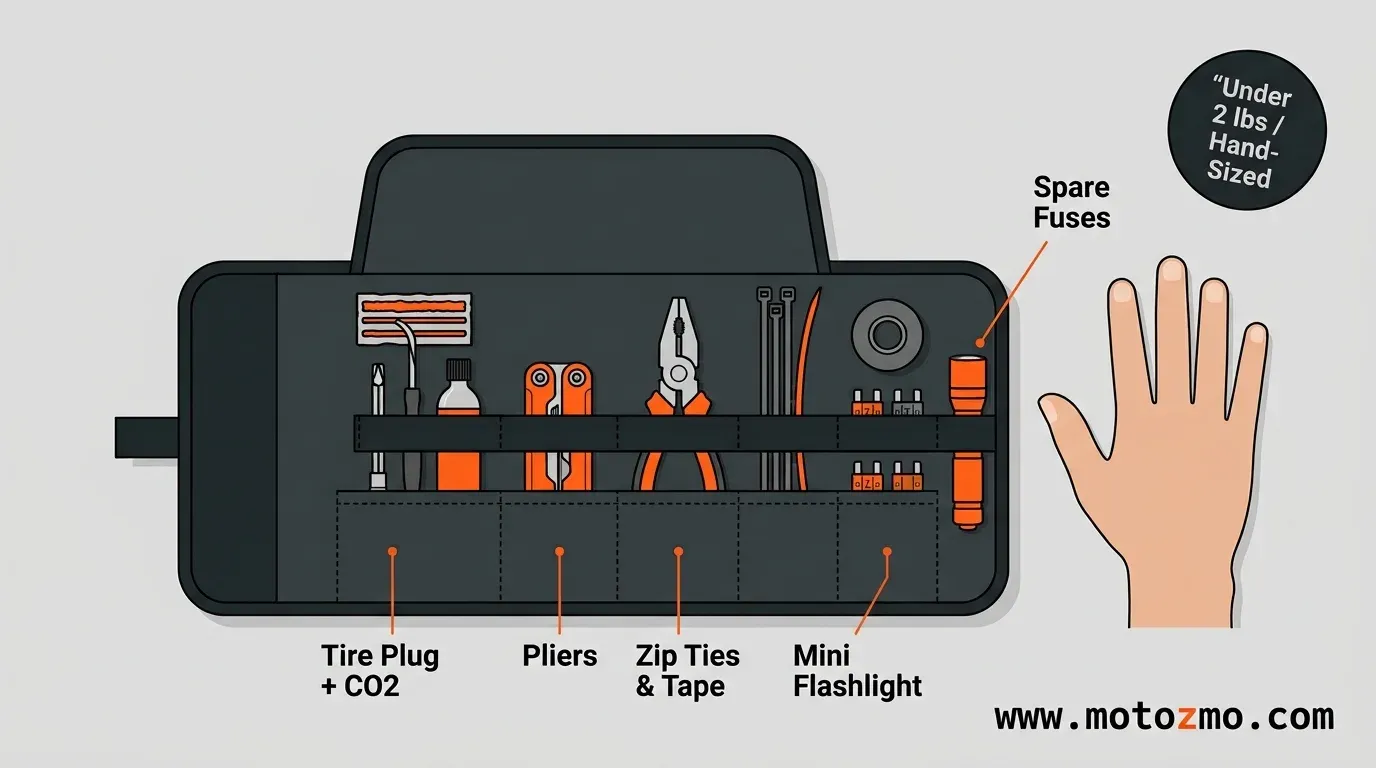 Essential Tools Motorcycle Owners Should Carry 2 Flat-lay illustration of an essential motorcycle roadside emergency tool kit showing compact hand-sized items