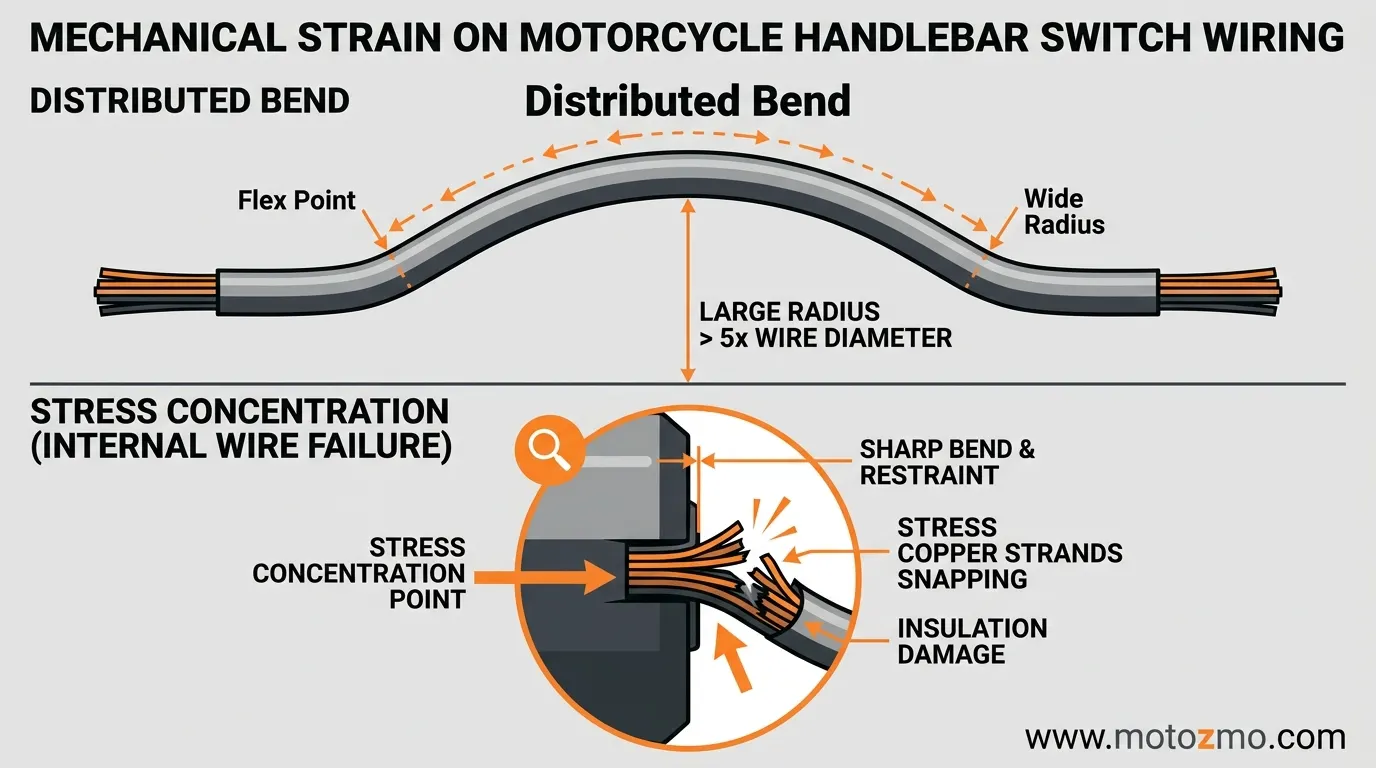 3 Common Motorcycle Wiring Failure Points 3 Diagram showing copper wire flex fatigue snapping internal strands where handlebar wiring enters the rigid switch housing