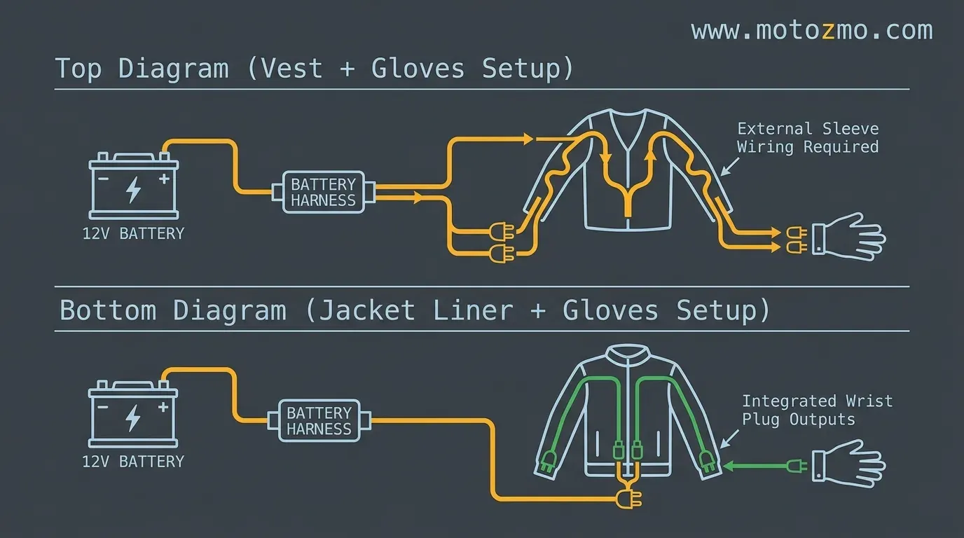 Diagram showing awkward external glove wiring on a vest versus integrated wrist plug connectors on a jacket liner