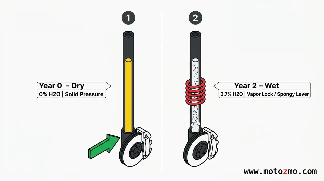 How Often to Change Motorcycle Brake Fluid 2 Diagram showing water absorption creating gas bubbles and lever fade in motorcycle brake lines