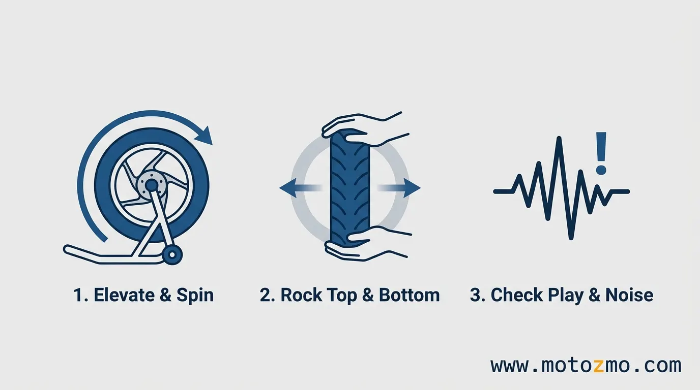 Three-step diagram showing how to lift a motorcycle wheel, rock the tire, and check for bearing play or noise