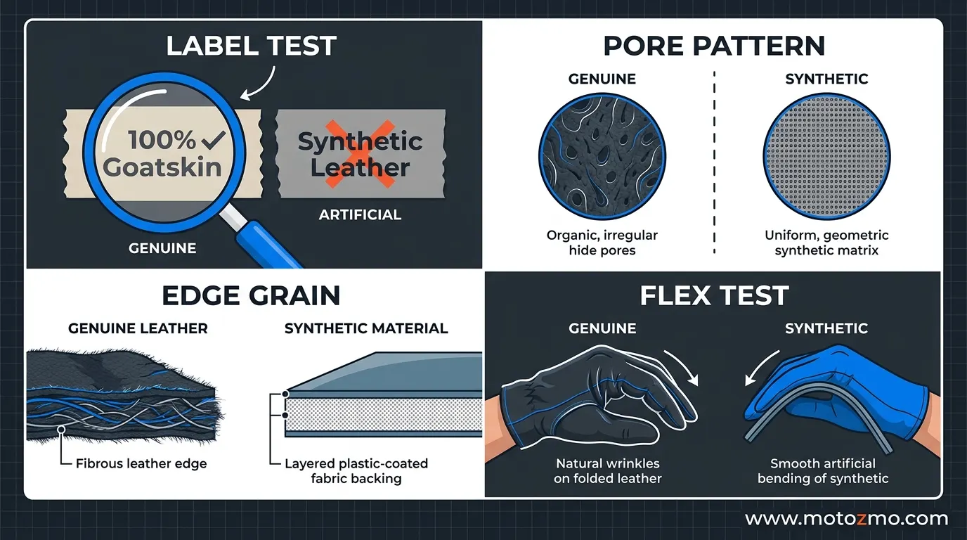 4-panel graphic detailing label, pore, grain, and flex tests to spot synthetic motorcycle gloves