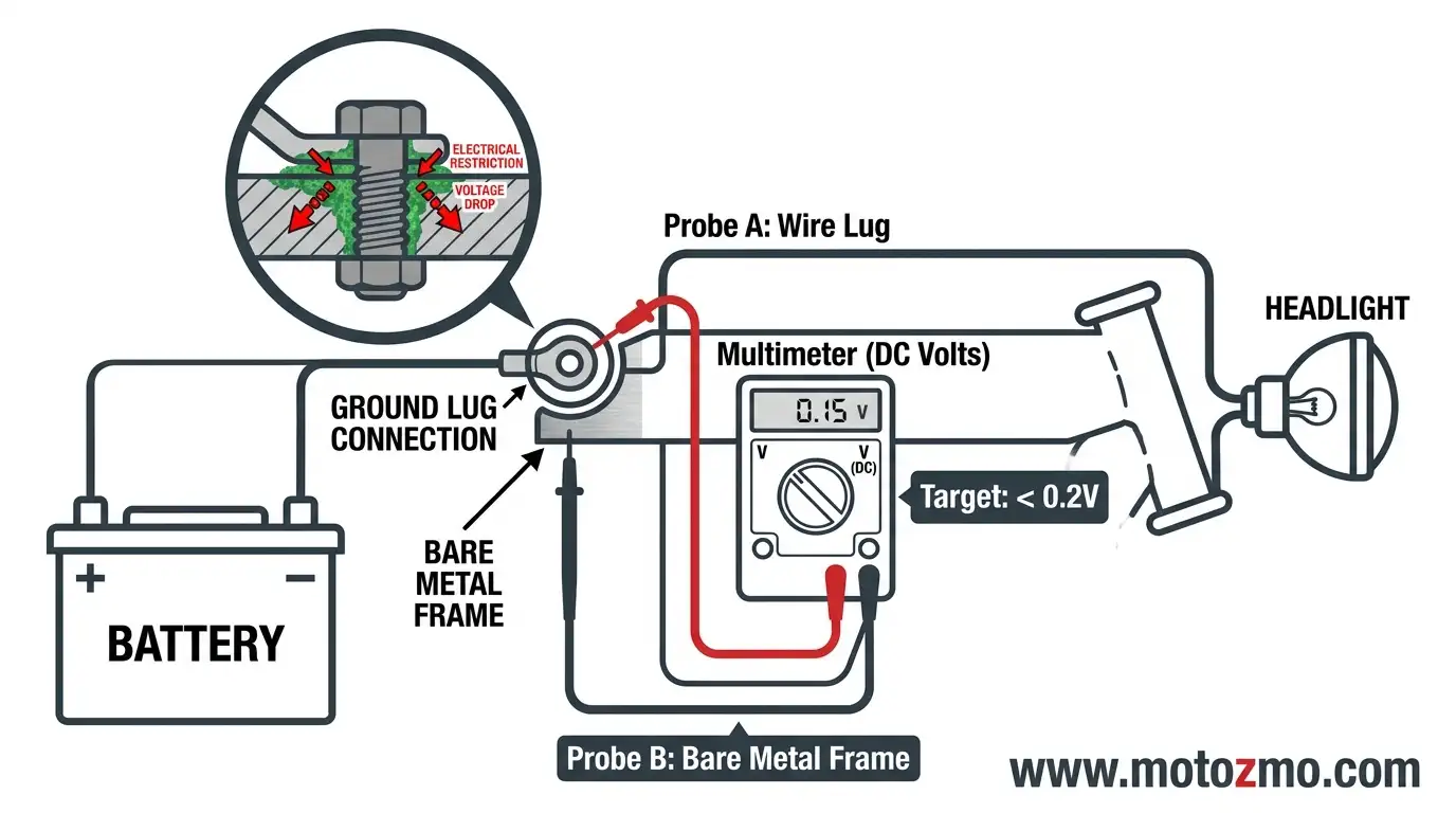 How to Test a Motorcycle Ground Connection 2 Technical visual showing multimeter probe placement across a motorcycle ground joint during a voltage drop test