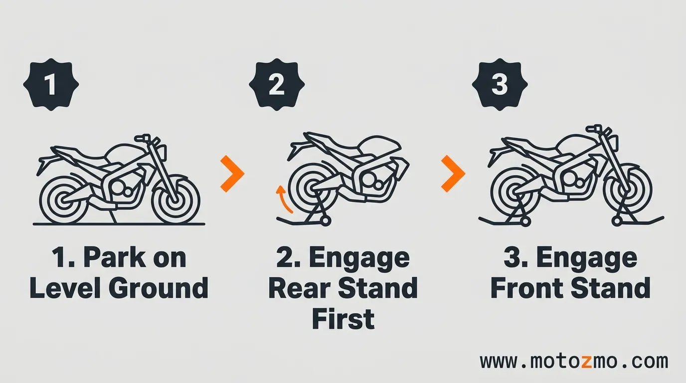 Front Stand vs Rear Stand for Motorcycles 3 Three-step visual sequence illustrating the proper order for lifting a motorcycle with paddock stands