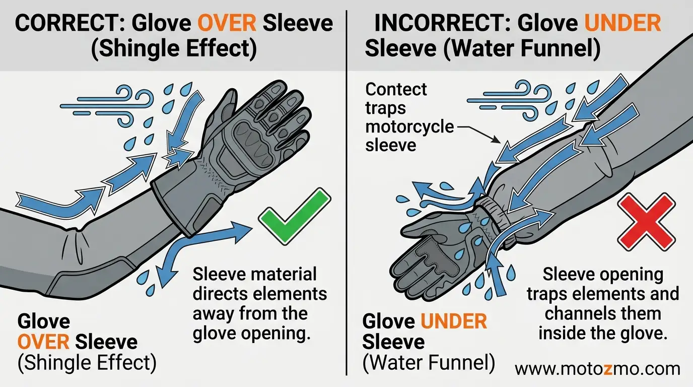 Diagram showing how to correctly wear gauntlet gloves over a jacket sleeve to block wind and water entry