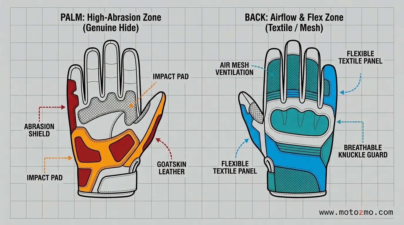 Technical schematic mapping high-risk abrasion zones on the palm versus flex zones on the back of a hybrid glove