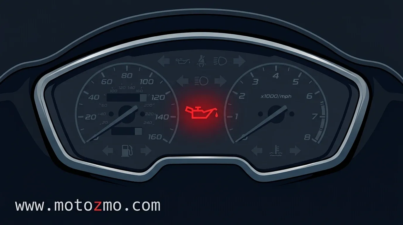 Motorcycle Leaking or Burning Oil Explained 3 Illuminated red oil pressure warning light icon on a dark, illustrated motorcycle dashboard