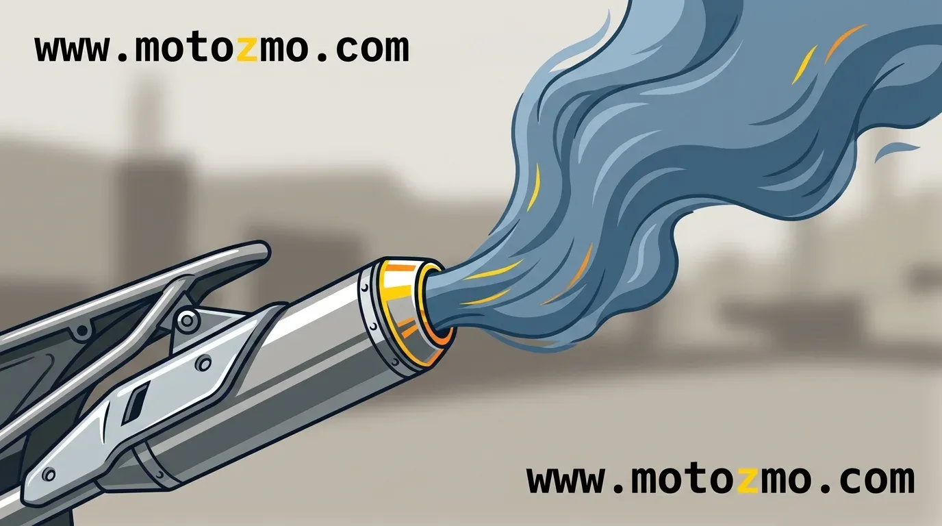 Motorcycle Leaking or Burning Oil Explained 2 Close-up illustration of a motorcycle exhaust pipe emitting a thick cloud of blue-gray smoke