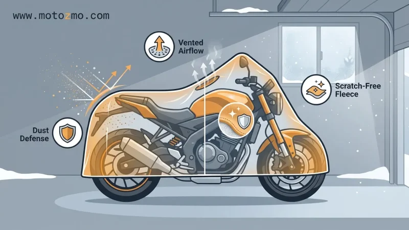 Home 30 Illustration showing a motorcycle cover protecting a bike from garage dust, humidity, and paint scratches