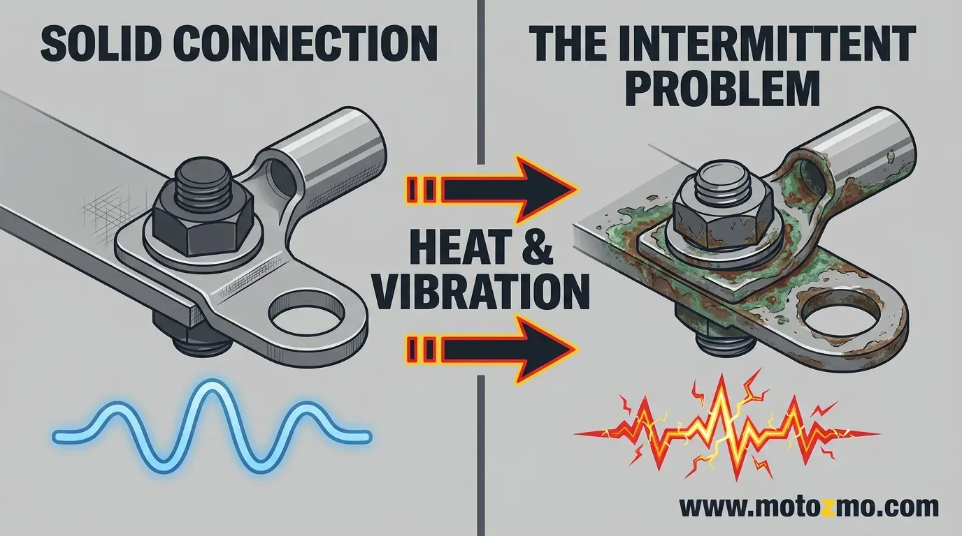 Motorcycle Electrical Problems: Wiring, Grounds & Connectors 2 Comparison illustration: tight, clean ground connection vs. loose, corroded ground showing unstable current flow