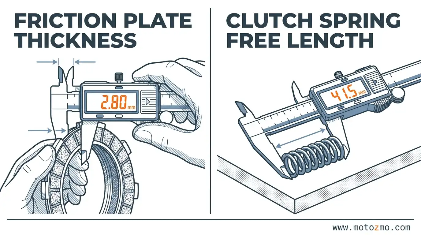 Digital caliper measuring motorcycle clutch friction plate thickness and spring free length against service limits